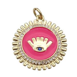 copper Circle pendant paved zircon with hotpink enamel, eye, gold plated, approx 20mm