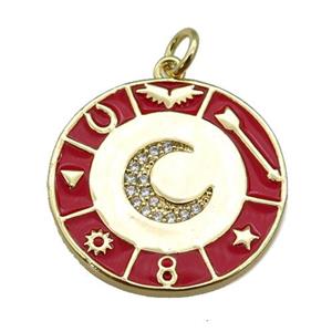 copper Circle Astrology pendant paved zircon with red enamel, moon, gold plated, approx 22mm