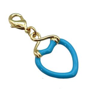 copper Lobster Clasp with blue enamel heart, gold plated, approx 17-25mm, 10mm