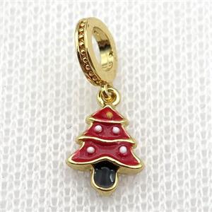 copper Christmas Tree pendant with red enamel, large hole, gold plated, approx 8-10mm, 8mm, 5mm hole