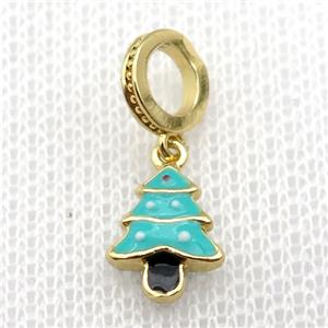 copper Christmas Tree pendant with teal enamel, large hole, gold plated, approx 8-10mm, 8mm, 5mm hole