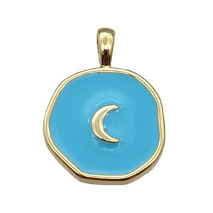 copper Circle pendant with teal enamel, moon, gold plated, approx 14mm