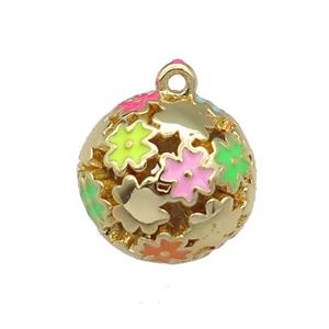 copper Ball pendant with enamel cross, hollow, gold plated, approx 13mm dia