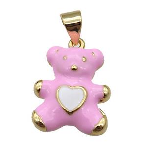 copper Bear pendant with pink enamel, gold plated, approx 13.5-16mm