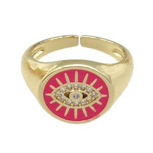 copper Rings with hotpink enamel Evil Eye, gold plated, approx 12-13mm, 18mm dia