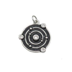 Copper Planet Pendant Pave Zirconia Black Enamel Platinum Plated, approx 14mm dia