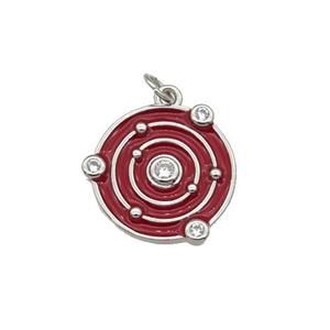 Copper Planet Pendant Pave Zirconia Red Enamel Platinum Plated, approx 14mm dia