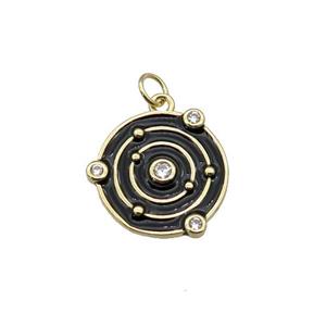 Copper Planet Pendant Pave Zirconia Black Enamel Gold Plated, approx 14mm dia