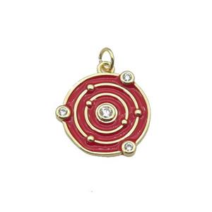 Copper Planet Pendant Pave Zirconia Red Enamel Gold Plated, approx 14mm dia