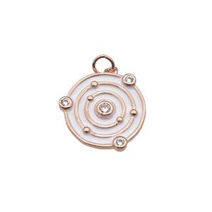 Copper Planet Pendant Pave Zirconia White Enamel Rose Gold, approx 14mm dia