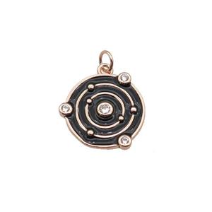 Copper Planet Pendant Pave Zirconia Black Enamel Rose Gold, approx 14mm dia