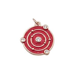 Copper Planet Pendant Pave Zirconia Red Enamel Rose Gold, approx 14mm dia