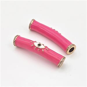 copper curved tube beads with hotpink enamel, eye, gold plated, approx 8-36mm, 4mm hole