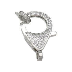 copper Lobster Clasp paved zircon, platinum plated, approx 16-22mm