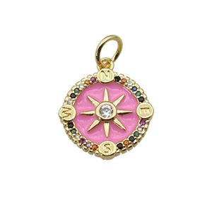 copper Compass pendant paved zircon with pink enamel, gold plated, approx 15mm