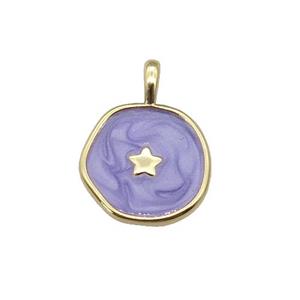 copper coin pendant with lavender enamel, star, gold plated, approx 14mm