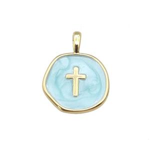 copper coin pendant with teal enamel, cross, gold plated, approx 14mm