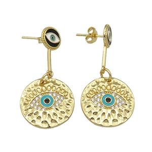 copper Stud Earring paved zircon, enamel Evil Eye, gold plated, approx 8mm, 18mm dia