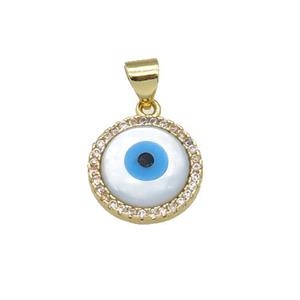 copper circle pendant paved zircon with Pearlized Shell Evil Eye, gold plated, approx 14mm dia