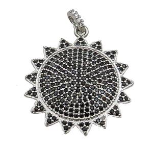 copper Sunflower pendant paved black zircon, platinum plated, approx 26mm dia