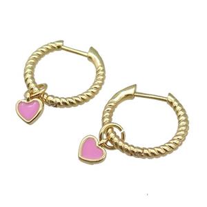 copper Hoop Earring with pink enamel heart, gold plated, approx 5.5mm, 13mm dia