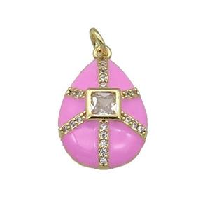 copper teardrop pendant paved zircon, pink enamel, gold plated, approx 14-19mm