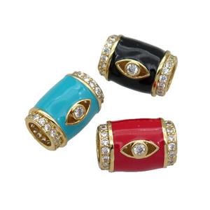 copper Tube beads paved zircon with enamel, eye, gold plated, mixed, approx 12-17mm, 6mm hole