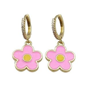 copper Hoop Earring paved zircon, pink enamel daisy flower, gold plated, approx 15.5mm, 14mm dia