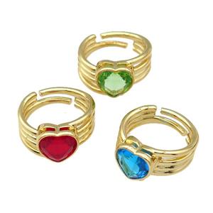 copper Ring paved zircon, heart, gold plated, mixed, approx 11-13mm, 18mm dia