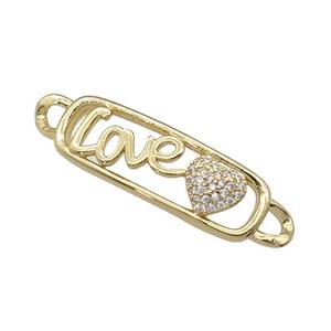 copper Heart connector paved zircon, LOVE, gold plated, approx 10-38mm