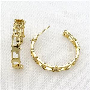 copper Stud Earrings paved zircon, star moon, gold plated, approx 6mm, 30mm dia