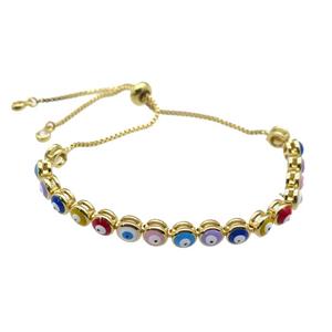 copper Bracelet with enamel Evil Eye, multicolor, adjustable, gold plated, approx 6mm, 26cm length