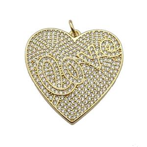 copper Heart pendant pave zircon, LOVE, gold plated, approx 25mm