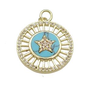 copper circle pendant pave Turquoise, star, gold plated, approx 20mm dia