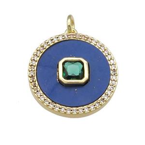 copper circle pendant pave Lapis, green zircon, gold plated, approx 20mm dia