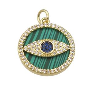 copper circle Eye pendant paved Malachite, zircon, gold plated, approx 19mm dia