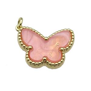 copper Butterfly pendant pave pink shell, gold plated, approx 14-18mm