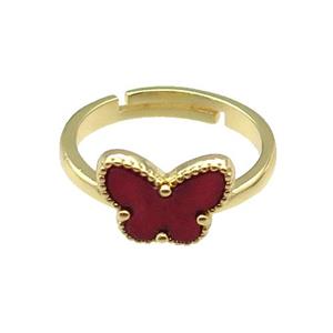 copper Butterfly Ring pave red shell, adjustable, gold plated, approx 10-12mm, 18mm dia