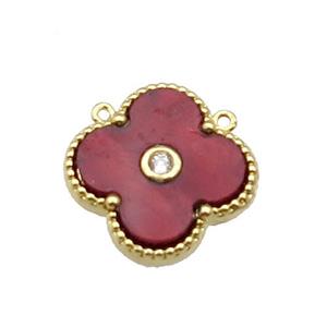 copper Clover pendant pave red shell, gold plated, approx 18mm