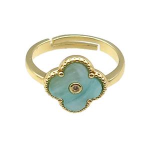 copper Clover Ring pave green shell, gold plated, approx 12mm, 18mm dia