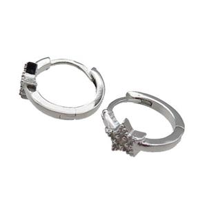 copper Hoop Earring pave zircon, star, platinum plated, approx 6.5mm, 14mm dia