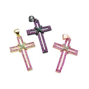 copper christian Cross pendant pave hotpionk zircon, mixed, approx 19-30mm