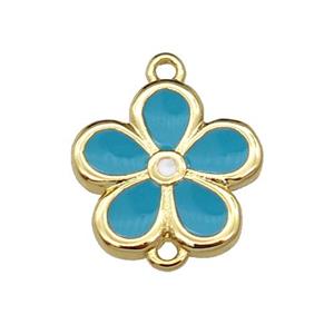 copper flower connector with teal enamel, gold plated, approx 12mm