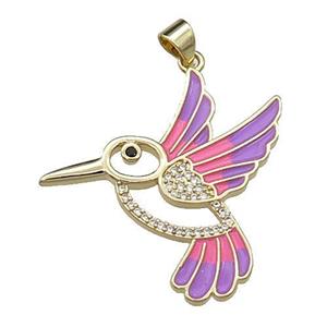 copper Hummingbird pendant pave zircon, fuchsia enamel, gold plated, approx 28mm