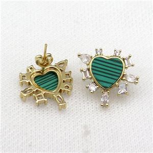 copper Stud Earring pave malachite zircon, gold plated, approx 20mm