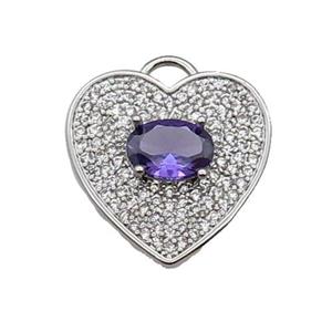 copper Heart pendant pave zircon, purple, platinum plated, approx 17mm
