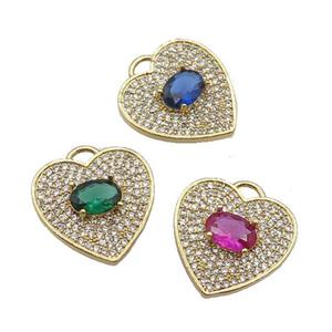 mix copper Heart pendant pave zircon, gold plated, approx 17mm