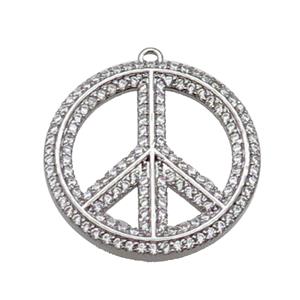 copper Peace Sign pendant pave zircon, platinum plated, approx 24mm dia