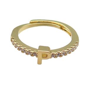 copper Ring pave zircon, letter-P, adjustable, gold plated, approx 18mm dia