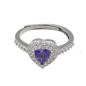 copper Heart Ring pave zircon purple adjustable platinum plated, approx 10mm, 18mm dia